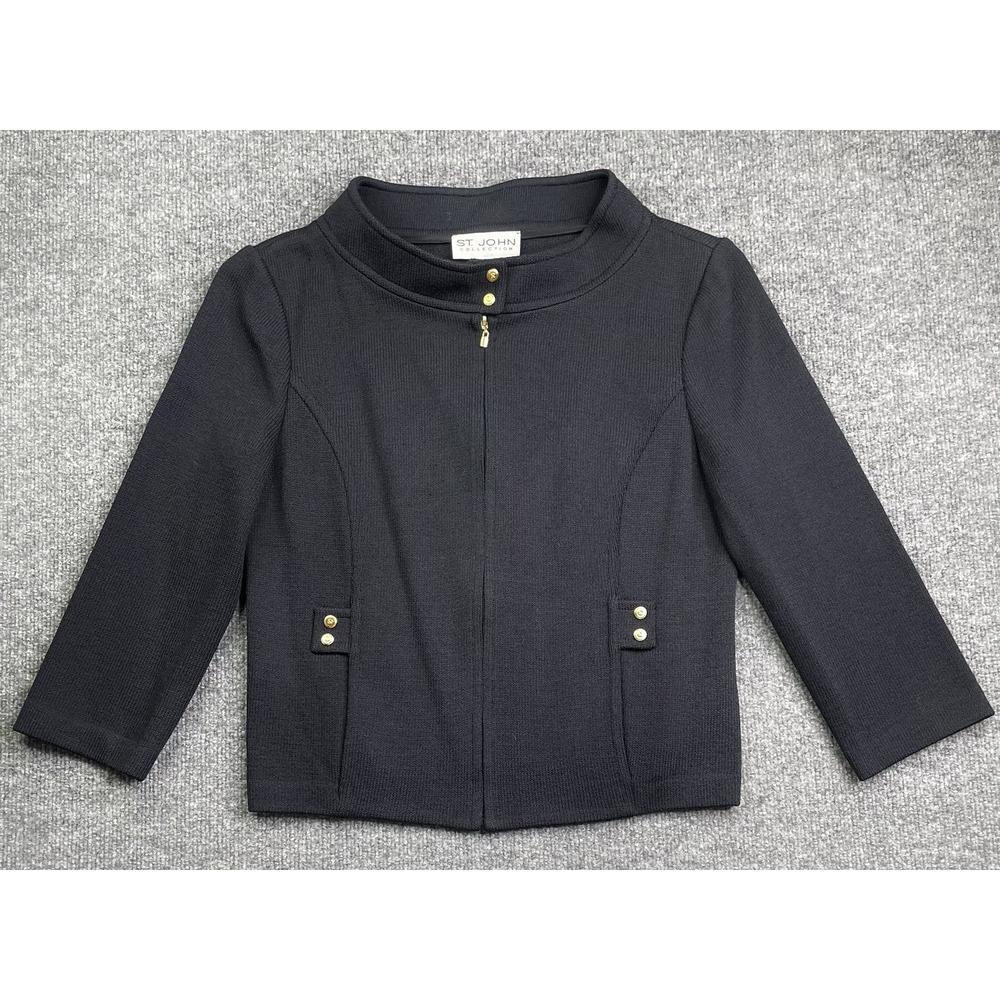 St. John Santana Knit‎ Jacket & Pants Set Women 10/M Black Gold Hardware Suit